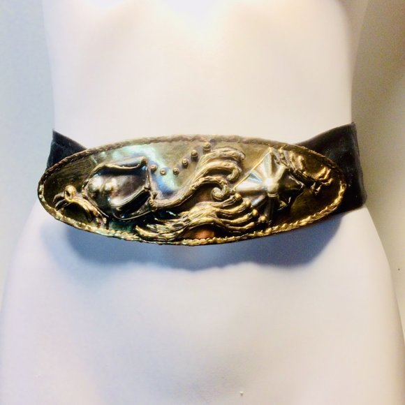 Vtg Boho Brutalist Mexico Signed Brass Cinch Belt main image 8